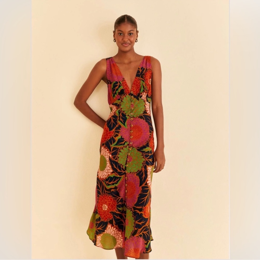 Farm Rio Black Vintage Garden Sleeveless Midi Dress